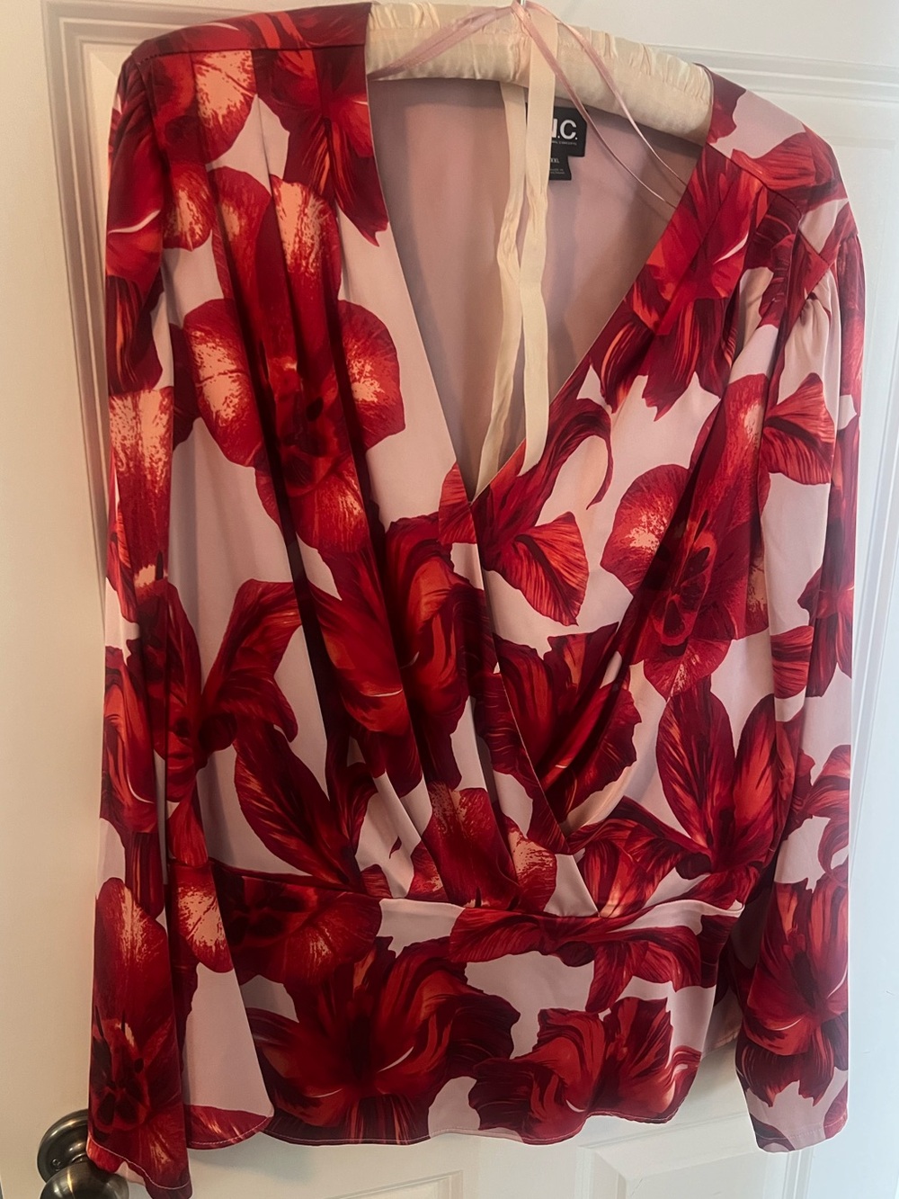 Silky Red Floral Wrap Blouse
